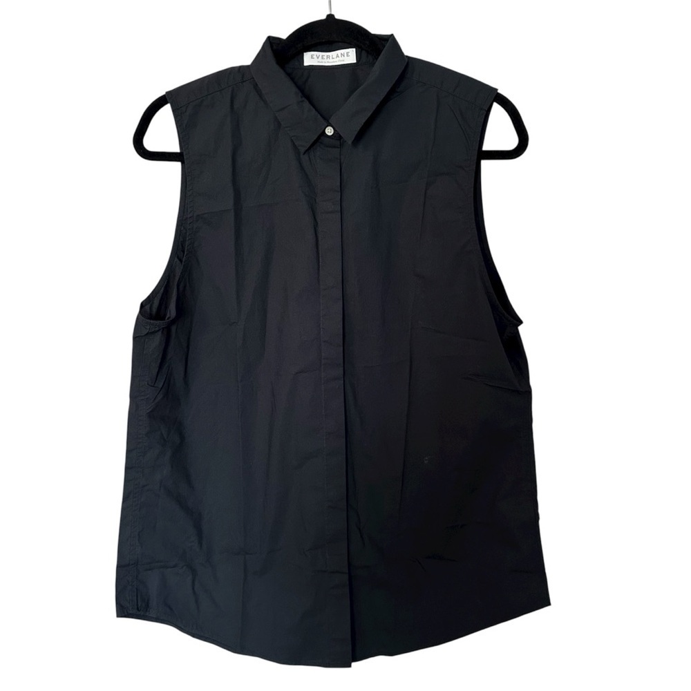 Everlane Women’s Black Sleeveless Hidden Button Down Cotton Top Sz L NWOT